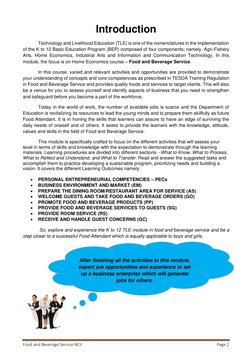 Food and Beverage Service NCII 
Page 2 
 
Introduction 
 
 
Technology and Livelihood Education (TLE) is one of the nomenclat