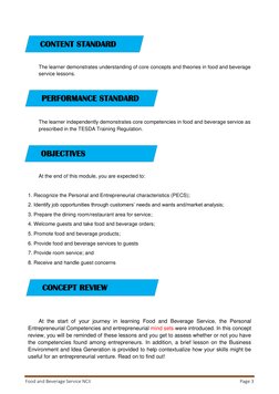 Food and Beverage Service NCII 
Page 3 
 
 
 
 
The learner demonstrates understanding of core concepts and theories in food