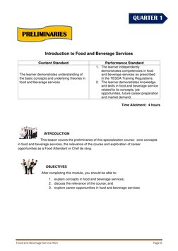 Food and Beverage Service NCII 
Page 6 
 
 
 
 
 
 
 
 
Introduction to Food and Beverage Services 
 
Content Standard 
Perfo