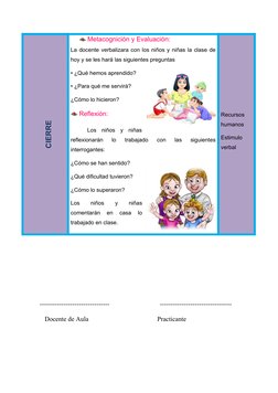 CIERRE
Metacognición y Evaluación:
La docente verbalizara con los niños y niñas la clase de
hoy y se les hará las siguientes