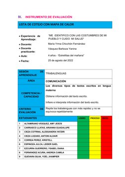 IV.
INSTRUMENTO DE EVALUACIÓN
LISTA DE COTEJO CON MAPA DE CALOR
Experiencia   de 
Aprendizaje:
“ME  IDENTIFICO CON LAS COSTU