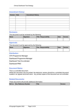 Clinical Dashboard Test Strategy
Amendment History:
Version
Date
Amendment History
Reviewers:
This document must be reviewed