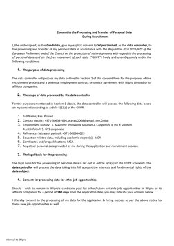 Internal to Wipro
 
 
 
Consent to the Processing and Transfer of Personal Data
                                      During