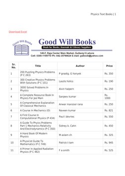 Physics Text Books | 1
Download Excel (https://goodwillbooks.pk/wp-content/uploads/2021/02/Physics-Text-Books.csv)
Sr.
No.
Ti