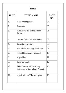 INDEX 
 
SR.NO 
 
TOPIC NAME 
 
PAGE 
NO 
1. 
Acknowledgement 
04 
2. 
Rationale: 
05 
3. 
Aims/Benefits of the Micro-