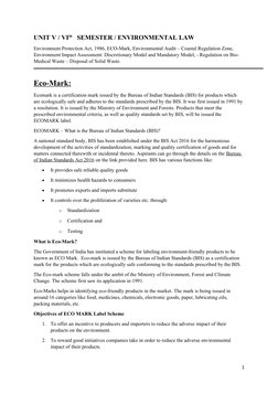 UNIT V / VIth   SEMESTER / ENVIRONMENTAL LAW
Environment Protection Act, 1986, ECO-Mark, Environmental Audit – Coastal Regula
