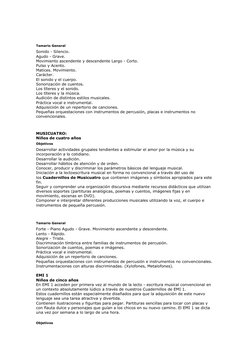 Temario General
Sonido - Silencio.
Agudo - Grave.
Movimiento ascendente y descendente Largo - Corto.
Pulso y Acento.
Matices.