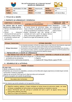 “Año del Fortalecimiento de la Soberanía Nacional”
SESIÓN DE APRENDIZAJE
I.E.
“Andrés Bello” N° 2080
ÁREA
Comunicación
NIVEL
