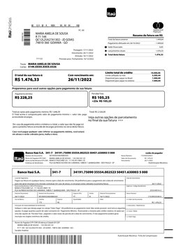 A748103601B
PC -00
Platinum
MARIA AMELIA DE SOUSA
Resumo da fatura em R$
R 71 144
QC12L25A27A1302 - JD GOIAS
Total da fatura