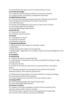 6.1.6 Coordinates with delivery team for timely fulfilment of stock. 
6.2 Inventory manager 
6.2.1 Guide and monitor placing