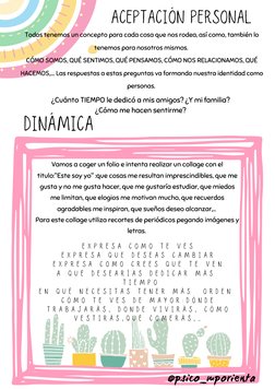 ACEPTACIÓN PERSONAL
Dinámica 
Vamos a coger un folio e intenta realizar un collage con el
titulo:"Este soy yo" :que cosas me