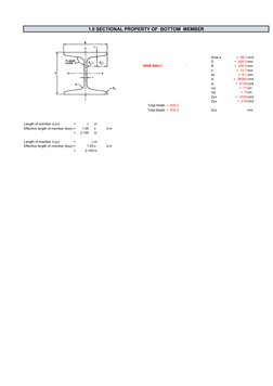 1.0 SECTIONAL PROPERTY OF  BOTTOM  MEMBER
Area a
 =  98.7 cm2
D
 =  400.0 mm
ISHB 400(1)
14
B
 =  250.0 mm
 =  12.7 mm
tw
 =