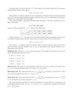 From the table, we observe that as x →5+, the values of f(x) become larger and f(x) increases
without bound. We can write thi