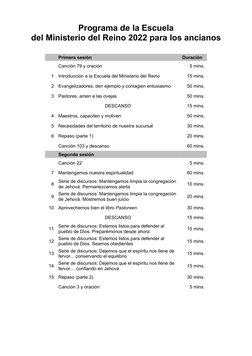Programa de la Escuela
del Ministerio del Reino 2022 para los ancianos
Primera sesión
Duración
Canción 79 y oración
5 mins.
1