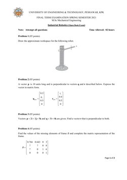 Page 1 of 2 
 
UNIVERSITY OF ENGINEERING & TECHNOLOGY, PESHAWAR, KPK 
FINAL TERM EXAMINATION SPRING SEMESTER 2021 
M.Sc Mec
