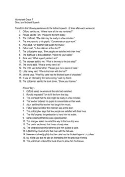 Worksheet Grade 7
Direct and Indirect Speech
Transform the following sentences to the Indirect speech.  (2 lines after each s