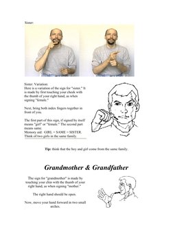 Sister:
  
Sister: Variation:
Here is a variation of the sign for "sister." It 
is made by first touching your cheek with 
th