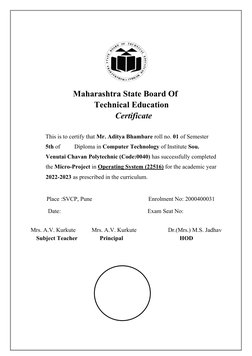 Maharashtra State Board Of
Technical Education
Certificate
This is to certify that Mr. Aditya Bhambare roll no. 01 of Semeste