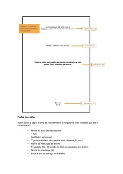 Folha de rosto
Assim como a capa, a folha de rosto também é obrigatória. Vale ressaltar que ela é 
composta por:

Nome do au