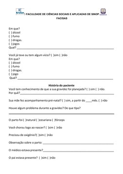 5 FACULDADE DE CIÊNCIAS SOCIAIS E APLICADAS DE SINOP 
 FACISAS
Em que?
(  ) álcool
(  ) fumo
(  ) drogas. 
(  ) jogos