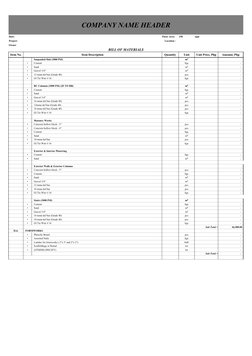 COMPANY NAME HEADER
Date:
Floor Area:
150
sqm
Project:
Location :
Owner
BILL OF MATERIALS
Item No.
Item Description
Quantity