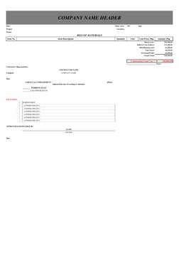 COMPANY NAME HEADER
Date:
Floor Area:
150
sqm
Project:
Location :
Owner
BILL OF MATERIALS
Item No.
Item Description
Quantity