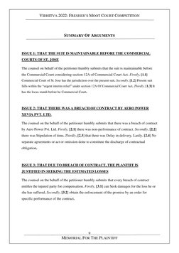 VIDHITVA 2022: FRESHER’S MOOT COURT COMPETITION 
 
 
 
 
 
 
 
 
 
9 
MEMORIAL FOR THE PLAINTIFF 
SUMMARY OF ARGUMENTS 
 
I