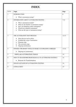 5 
 
 
 
 
 
 
 
 
 
 
 
Sr.No. 
Topic 
Page 
1 
INTRODUCTION 
 
What is automation testing? 
6 
2 
INFORMATION ABOUT AUTOMA