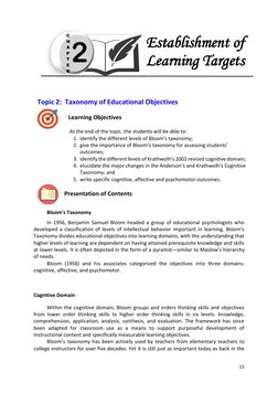 15 
 
Establishment of  
Learning Targets 
 
 
  
 
Topic 2:  Taxonomy of Educational Objectives 
 
Learning Objectives 
 
At