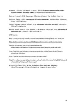 21 
 
Chappuis, J., Stiggins, R. Chappuis, S., Arter, J. (2012). Classroom assessment for student 
learning: Doing it right-u