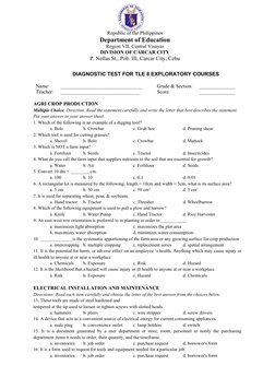 DIAGNOSTIC TEST FOR TLE 8 EXPLORATORY COURSES
Name:
________________________________
Grade & Section: 
______________
Teacher