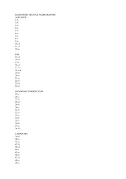DIAGNOSTIC TEST TLE 8 EXPLORATORY
AGRI CROP
1. b
2. b
3. a
4. c
5. a
6. c
7. c
8. c
9. a
10. d
11. d
12. a
EIM
13. d
14. b
15
