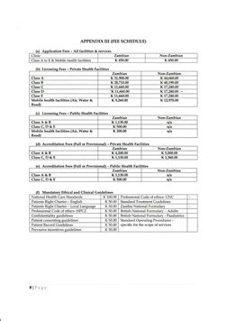 APPENDIX III (FEE SCHEDULE)
All facilities & services
A
ication Fees -
ties & serrrices
Clinic
Zambian
Non-Zambian
Class A to