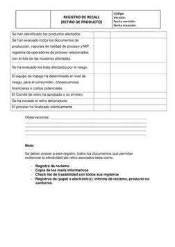 REGISTRO DE RECALL 
(RETIRO DE PRODUCTO) 
Código:  
Versión: 
Fecha revisión:  
Fecha creación:  
 
Se han identificado los