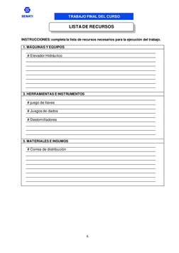 TRABAJO FINAL DEL CURSO 
 
6 
 
 
INSTRUCCIONES: completa la lista de recursos necesarios para la ejecución del trabajo. 
 
1