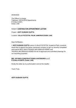 05/09/2020
The Officer In-charge
Trakhees, CED & EHS Departments 
P.O.Box # 2001,
Dubai, UAE
Subject: CONTRACTOR APPOINTMENT