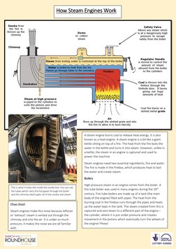 A steam engine burns coal to release heat energy. It is also 
known as a heat engine. A steam engine is a bit like a giant