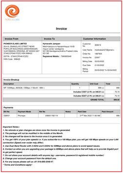 Invoice
 
Invoice From
Invoice To
Customer Information
PIONEER ELABS LIMITED
26-4-6, GNANOLIVE STREET NEAR 
POPULAR BUILDINGS