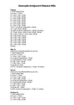 Execução Amigurumi Macaco Milo 
Cabeça 
1- Anel mágico 6 pb 
2- 6 aum = 12 pb 
3- 1 aum, 1 pb = 18 pb 
4- 1 aum, 2 pb = 24 pb