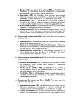 a. Comprensión emocional de sí mismo (CM): La habilidad para 
percatarse y comprender nuestros sentimientos y emociones, 
dif