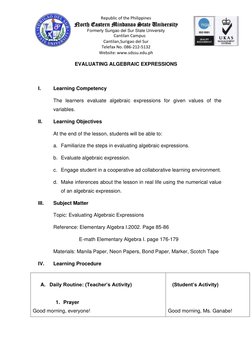 Lesson Plan: Evaluating Algebraic Expressions | PDF | Polynomial | Algebra