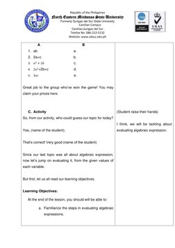 Lesson Plan: Evaluating Algebraic Expressions | PDF | Polynomial | Algebra