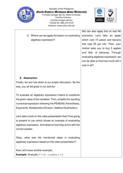 Lesson Plan: Evaluating Algebraic Expressions | PDF | Polynomial | Algebra