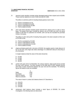 T 3 –MAINTAINING FINANCIAL RECORDS 
INVENTORY 
 
ASAD EJAZ (ACCA, CISA, CIISA) 
 
 
31. 
Jemima’s stock valuation includes ce
