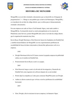 UNIVERSDAD NACIONAL MICAELA BASTIDAS DE APURIMAC
ESCUELA DE INGENIERIA INFORMATICA Y SISTEMAS
 
HISTORIA DE MONGODB
MongoDB