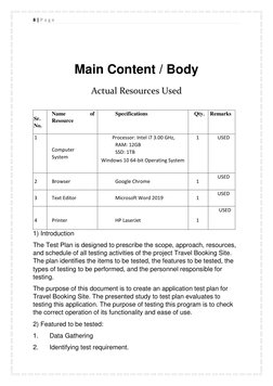 8 | P a g e  
 
 
Main Content / Body  
Actual Resources Used 
Sr. 
No. 
Name 
Resource 
 
of 
Specifications 
Qty. Remarks