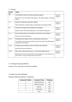 3 - Contents 
 
Session 
No. 
Topics 
 
1-2 
AN INTRODUCTION TO FIXED INCOME MARKETS 
 
Introduction, The Government Debt Mar