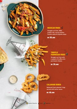 Bonﬁre’s Favourite
Vegetarian
Spicy
Battered fried calamari rings 
served with tartar sauce.
CALAMARI RINGS
RP. 48.000
Straig