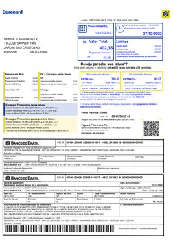 Cartão: OUROCARD FACIL VISA / N° 4854.XXXX.XXXX.2269
Deseja parcelar sua fatura²?
Vencimento:
10/12/2022
Valor Total:
402,36