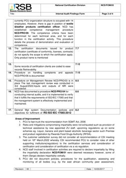 National Certification Division 
NCD/FOM/03 
 
Title:  
Internal Audit Findings Form 
  Page 3 of 4 
 
 Revision: 
00 
 
Da
